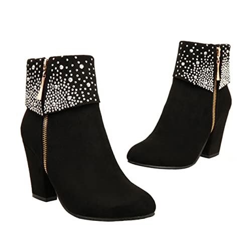 Healeved Damen Kurzschaft Winterstiefeletten mit Grobem Absatz und Funkelnden Strasssteinen PU Boots Rutschfeste Gummisohle Bequeme Ankle Boots für Hochzeit Party und Alltag Schwarz von Healeved