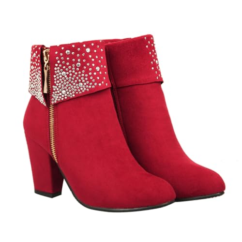 Healeved Damen Kurzstiefeletten Herbst Winter mit Absatz und Strassverzierung Rutschfeste Schuhe für Hochzeit und Alltag Rote Brautschuhe in Bequeme Damenboots von Healeved