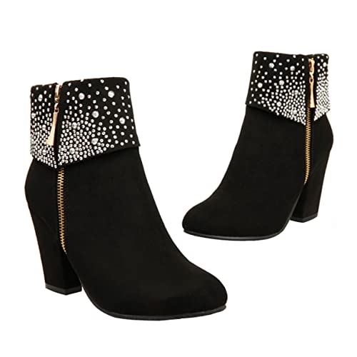 Healeved Damen Kurzstiefeletten mit Grobem Absatz und Funkelnden Strasssteinen Herbst Winter Hochzeitsschuh Schwarzer PU Rubber Mix Komfortable Ankle Booties für Festliche Anlässe von Healeved