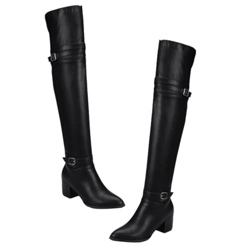 Healeved Damen Overknee Stiefel mit Dickem Absatz Modische Herbst winter High Heel Long Boots Komfortable Oberschenkelhohe Schuhe für Warme Elegante Outfits Schwarz von Healeved