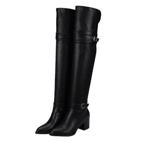 Healeved Damen Overknee Stiefel mit Dickem Blockabsatz Rutschfeste Gummisohle Atmungsaktives Material Modische Lange Boots für Herbst und Winter Bequemer Sitz Schwarze von Healeved