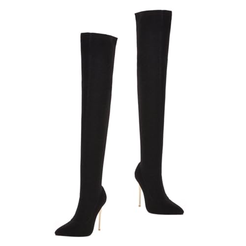 Healeved Damen Overknee Stiefel mit Dünnem Absatz Stilvolle Kniehohe Winterboots Rutschfeste Gummisohle Modisch Warm für Outdoor Party Freizeit und Arbeit Schwarz von Healeved