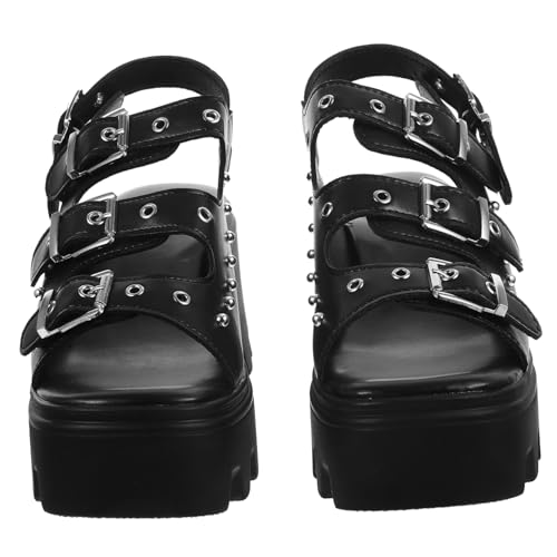 Healeved Damen Römersandalen mit Nieten Dicke Plateausohle Hoher Blockabsatz Rutschfeste Sohle Stilvolle Schwarze Sandaletten für Alltag und Party Modische Schuhe für Frauen von Healeved