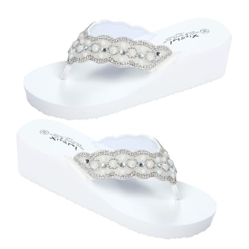 Healeved Damen Sandalen Sommer Keilabsatz Perlen Wasserfest Rutschfeste Strandpantoffeln Weiß Komfortable Outdoor Schuhe mit Rutsch Sohle und Bequemer von Healeved