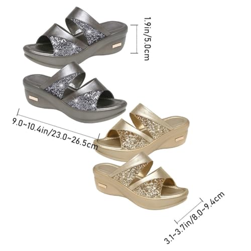 Healeved Damen Sandalen Sommer Keilabsatz Slipper mit Dicker Sohle und Glänzender Verzierung Modische Offene Zehen Bequeme Outdoor Freizeitschuhe Geeignet für Strand und Alltag Goldfarben von Healeved