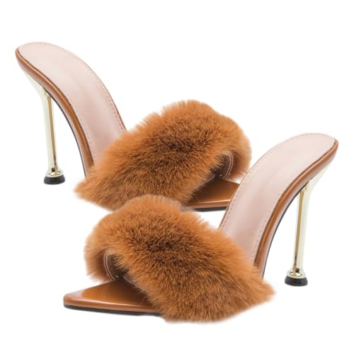 Healeved Damen Sandalen mit Dünnem Absatz und Flauschiger Dekoration Modische High Heels für Sommer Bequeme Schuhe mit Feiner Verarbeitung und Einfachem An Ausziehen Kaffee von Healeved