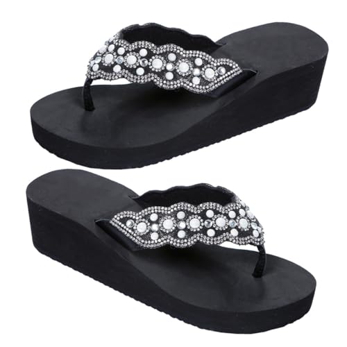 Healeved Damen Sandalen mit Keilabsatz und Rutschfester Sohle Sommerliche Beach Flops mit Perlen und Glitzer Bequemes Design für Strand und Freizeit Schwarz Plateau Schuhe von Healeved