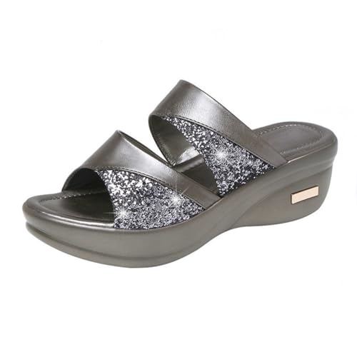 Healeved Damen Slipper mit Dicker Keilsohle Offene Zehen Modische Sommer Sandalen für Freizeit und Strand Graue Plateau Wedges Einfach Anzuziehen Bequem und Stylisch von Healeved