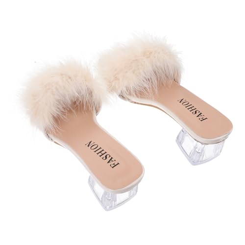 Healeved Damen Sommer Hausschuhe Open Toe Pantoletten mit Chunky Absatz Atmungsaktive Bequeme Freizeit Sandalen aus PU und Gummi Geeignet für Strand Indoor und Outdoor Beige von Healeved