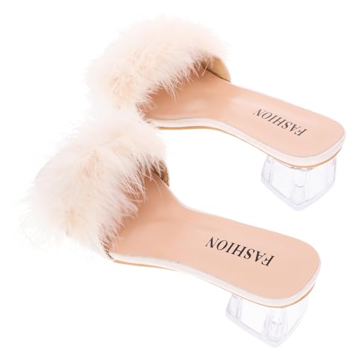 Healeved Damen Sommer Slipper aus Wolle mit Chunky Heel Atmungsaktive Offene Zehen Sandalen Bequeme Flache Hausschuhe für Freizeit und Strand Beige Langlebiges PU und Gummi von Healeved