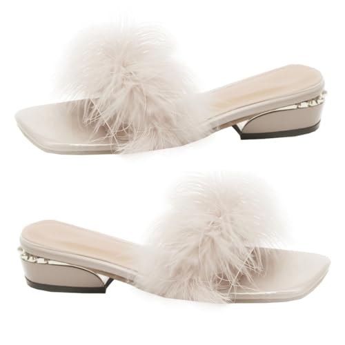 Healeved Damen Sommer Slipper mit Chunky Absatz Atmungsaktive Offene Zehen Sandalen Bequeme PU Gummi Hausschuhe für Strand und Alltag Modische Leichte Pantoletten in Beige von Healeved