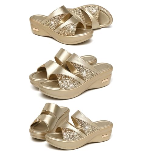 Healeved Damen Sommer Wedges Slipper mit Dicker Keilsohle Modische Fischmaul-optik Goldfarbene Casual Sandalen für Outdoor und Alltag Bequemes Einsteigen von Healeved