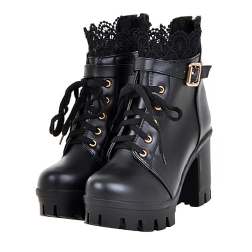 Healeved Damen Stiefeletten mit Komfortablem Grobem Absatz Niedriger Schaft Leichter PU Materialmix Modisch Vielseitig Kombinierbar für Herbst und Winter Schwarz von Healeved