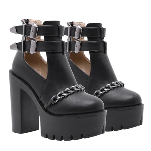 Healeved Damen Stiefeletten mit Nieten und Ketten Dicker Plateau-blockabsatz Modische Knöchelboots für Alltag Shopping und Arbeit Bequemes Design Schwarz von Healeved