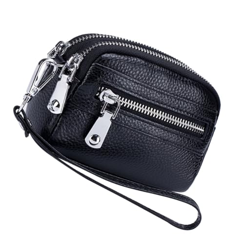 Healeved Doppelte Reißverschlusskupplung Geldbörse mit Reißverschluss für Damen Mini Geldbörse mit Münzfach Kleingeldbörse für Damen Weibliche Reißverschluss Brieftasche Rindsleder Schwarz von Healeved