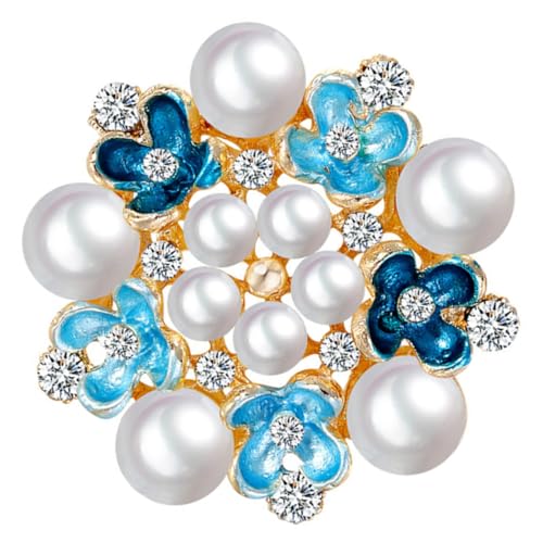 Healeved Elegante Damen Blumenbrosche mit Perlen und Strass Blauer Schmuckanhänger aus Legierung Modische Anstecknadel für Brautstrauß Kleid Party Hochzeit und Alltagsschmuck von Healeved
