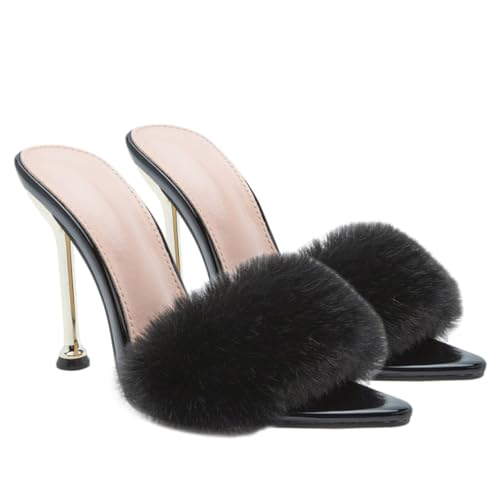Healeved Elegante Damen Sandalen mit Dünnem Absatz und Flauschiger Dekoration Schwarze High Heels für Sommer Modische Bequeme Sommerschuhe mit Einfachem Design Leicht Anzuziehen und von Healeved