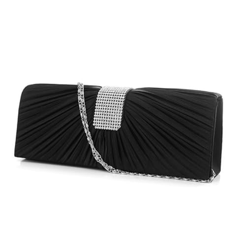 Healeved Elegante Schwarze Satin Clutch mit Funkelnden Strasssteinen Plisseeverziert Magnetischem Verschluss Abnehmbaren Silberketten Vielseitig als Brauttasche Abendtasche und von Healeved