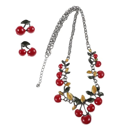 Healeved Elegantes Cherry Schmuckset Damen Halskette und Ohrringe Langlebiges Material Zarte Dekoration Stilvolles für Frauen und Mädchen zu Weihnachten und Valentinstag von Healeved
