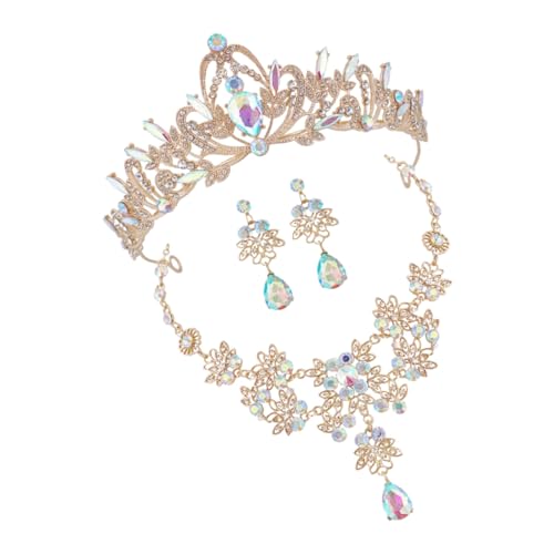 Healeved Elegantes Teiliges Brautschmuck Set mit Goldfarbener Krone Halskette und Ohrringen Funkelnde Strass Steine Robustes Material für Hochzeit Geburtstag Braut und Festliche Anlässe von Healeved