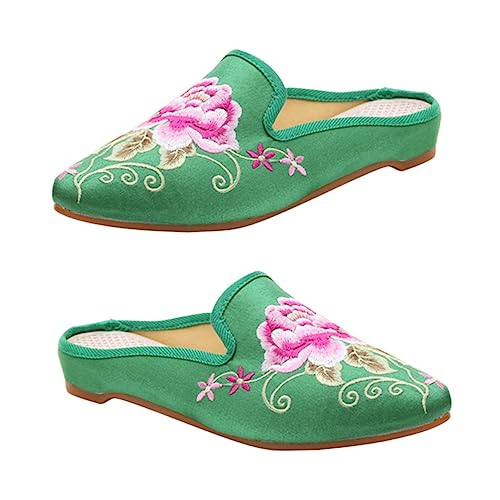 Healeved Ethnische Damen Slipper mit Stickerei Spitz Zulaufend Leichter Stoffpantoffel Modisch und Bequem für Indoor und Outdoor Grün von Healeved