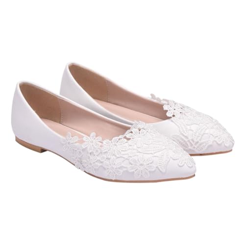 Healeved Flache Spitzen Brautschuhe Damen Flache Hochzeitsschuhe mit Spitzen Design PU und Stabile Schuhe für Party Bankett und Formelle Anlässe Elegante Weiße Damen Freizeitschuhe von Healeved