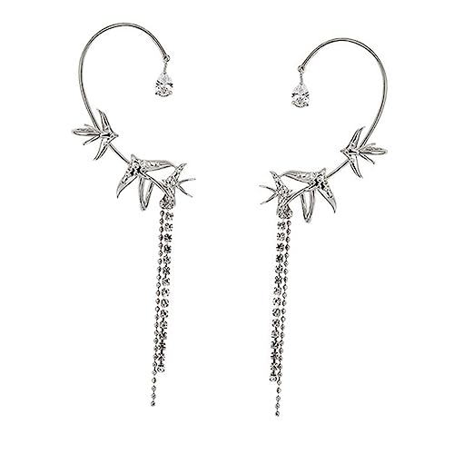 Healeved Fließende Lange Quasten Ohrclips Piercing für Damen Ohrdekoration mit Zirkonia Ohrmanschetten Beidseitig Silberfarben für Alltag und Besondere Anlässe von Healeved