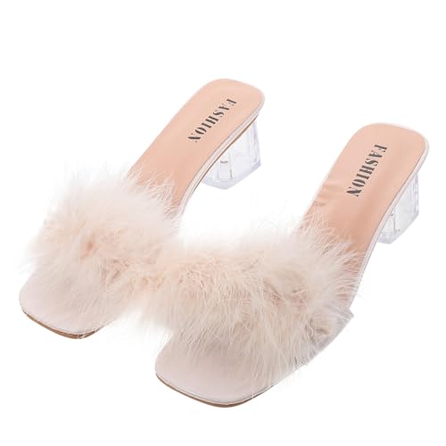 Healeved Fluffy Heels Damen Sandalen Sommer Slippers mit Dickem Absatz Rutschfest Leicht und Komfortabel Modische Hausschuhe für Party Arbeit Alltag Eleganter Look Beige von Healeved