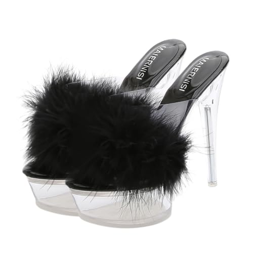 Healeved Fluffy High Heel Sandalen Damen Weiche Bequeme Thin Heel Slippers mit Transparentem Wasserabsatz Attraktives Design Langlebiges Material für Outdoor und Alltag Schwarz von Healeved