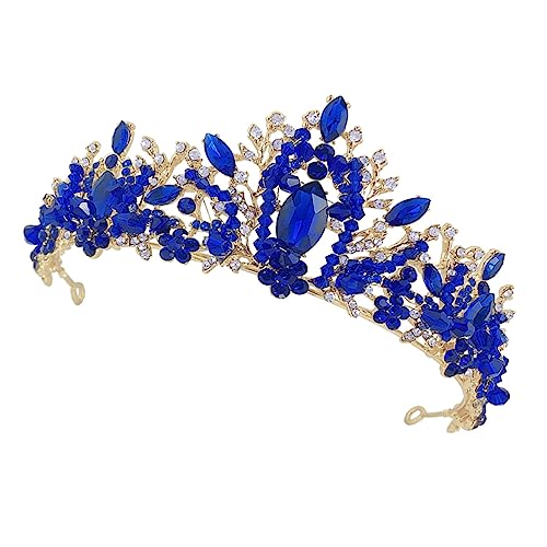 Healeved Goldene Brautkrone mit Blauen Kristallen Handgefertigte Tiara für Hochzeit Haarschmuck Accessoire Leicht zu Tragen für Braut und Festliche Anlässe von Healeved