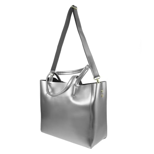 Healeved Große Damen Schultertasche aus Strapazierfähigem Spaltleder mit Eleganter Kosmetiktasche Geräumige Handtasche für Alltag und Büro Modische Umhängetasche in Silber von Healeved