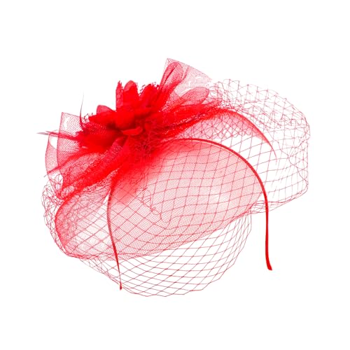 Healeved Haarschmuck Blumenhut mit Schleier Eleganter Fascinator für Frauen Netzstoff Kopfschmuck für Besondere Anlässe Roter Haarschmuck für Partys Feiern von Healeved