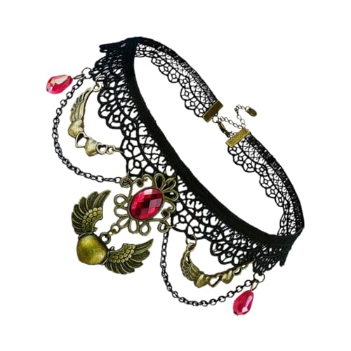Healeved Halloween Halskette Damen Kurz Spitzen Choker mit Roten Anhängern und Tasseln Vampir Schmuck für Party Festival und Cosplay Leicht und Angenehm zu Tragen von Healeved