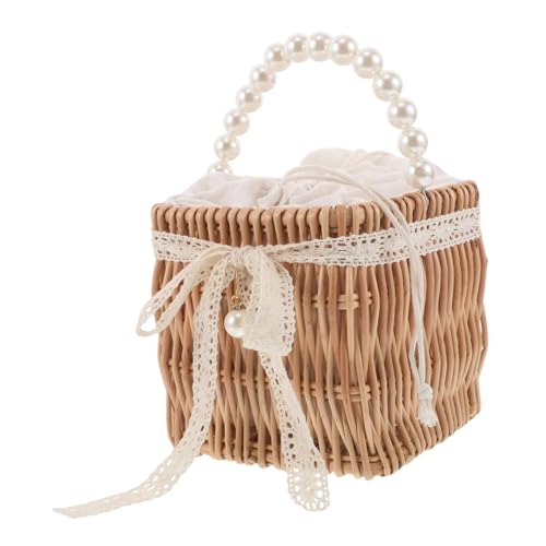 Healeved Handgewebte Damen Rattan Tasche mit Perlenkette Quadratische Strohtasche mit Schleifen-detail Boho Umhängetasche für Hochzeit Strand und Sommerurlaub Handgefertigt Praktische von Healeved
