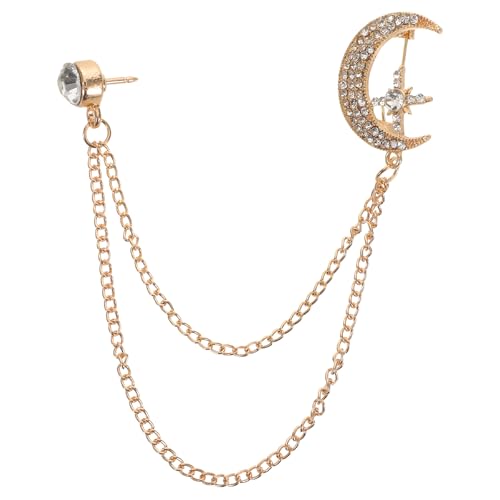 Healeved Kristall Mond Planet Kragennadeln Strass mit hängender Kette Reversnadel für Herrenanzug Accessoires Brosche Schmuck für Männer Golden von Healeved