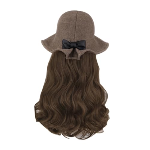 Healeved Lange Lockige Perücke mit Hut Synthetische Haarverlängerung für Damen für Partys Cosplay und Alltag Khaki mit Hellbraunen von Healeved