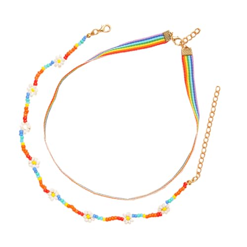 Healeved Layered Regenbogen Boho Choker Halskette mit Blumenmotiv Hawaiistil Ethno Schmuck Zweiteiliges Reisperlen für Strand Reise und Sommerliche Kostüme von Healeved