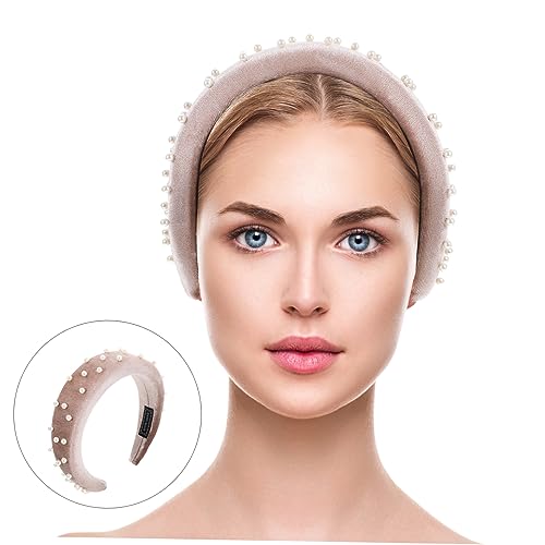 Healeved Perlen Haarreif Damen Breites Stirnband mit Eleganten Perlen Schmuck Modisches Haarschmuck Accessoire für Party und Alltag Chic und Verarbeitung in Khaki von Healeved