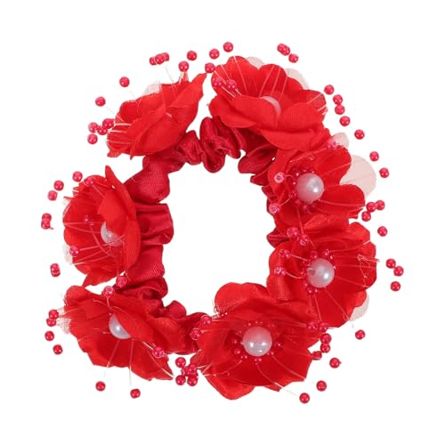 Healeved Perlenblume Haargummi Rote Blüte Elastischer Scrunchie Hochzeit Braut Haarschmuck Blumen Pferdeschwanzhalter für Braut und Brautjungfer von Healeved