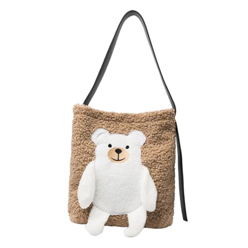 Healeved Plüsch Tote Bag mit Bärenmuster Weiche Schultertasche Damen Modische Umhängetasche Geräumige Handtasche für Alltag Reisen Schule und Shopping Khakifarbene Kuscheltasche von Healeved