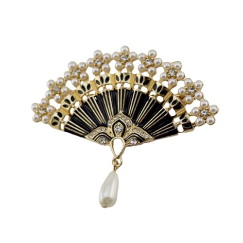 Healeved Retro Fan Brosche mit Strass und Perlen Klassische Chinesische Fächer Anstecknadel aus Legierung Vintage Brosche für Damen Schmuckaccessoire für Kleid Pullover und Schal Schwarz von Healeved