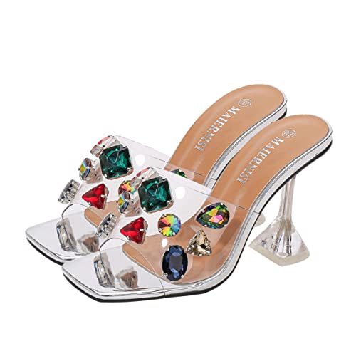 Healeved Rhinestone High Heeled Slippers Damen Sommer Sandalen mit Stabilem Absatz und Rutschfester Sohle Offene Schuhe für Alltag und Outdoor Eleganter Look Langem Tragen von Healeved