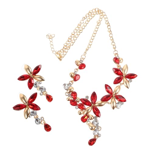 Healeved Rhinestone Schmuckset Damen Stilvolles Blüten anhänger Halskette mit Passenden Ohrringen Hautfreundlich Langlebig Elegantes Hochzeits Alltags accessoire Rotes Set von Healeved