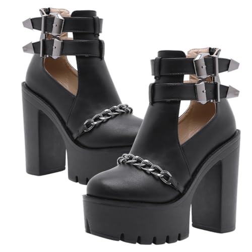 Healeved Rivet Chain High Heel Ankle Boots Damen Wasserdichte Plateausohle Rutschfest Modische Stiefeletten mit Bequemem Absatz Langlebig und Elastisch Schwarz von Healeved