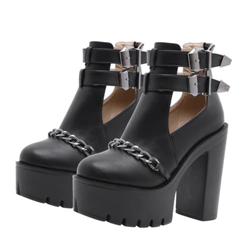 Healeved Riveted Chain Ankle Boots Damen Pantshoes mit Dickem Absatz Rutschfest Schwarz PU Modisch Elegant und Bequem Robuste Gummisohle von Healeved