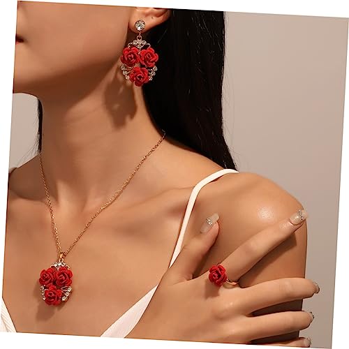 Healeved Romantisches Rotes Schmuckset Damen mit Halskette Ohrringe Ring Hochzeit Valentinstag Modisch Langlebig Leicht Angenehm zu Tragen von Healeved