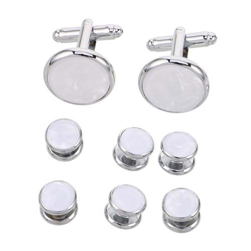 Healeved Runde Manschettenknöpfe und Hemdknöpfe Set aus Weißer Muschel Französischer Stil Elegante Herren Cuff Links für Anzug Hochzeit Business und Formelle Anlässe von Healeved