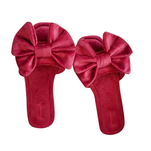Healeved Rutschfeste Damen Hausschuhe mit Schleifendekor Weiche Indoor Slipper in Samtrot Flache Ferse Bequeme und Leichte Hauspantoffeln für Gemütliches Tragen zu Hause von Healeved