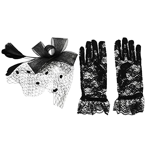 Healeved Schleier -Top -Huthandschuhe Hochzeitsbrautschleier Warme Handschuhe Hüte mit Fans Hüte für die Teeparty Blumenschleier Hochzeitsfaszinator Party Fascinator-Hut Schwarz von Healeved