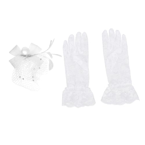 Healeved Schleier -top -huthandschuhe Brautkopfschmuck Für Die Hochzeit Brauthut Brautkopfbedeckung Mesh-schleier-gesicht Brautspitzenhandschuhe Kurz Spitzenhandschuhe Für Frauen Party Weiß von Healeved